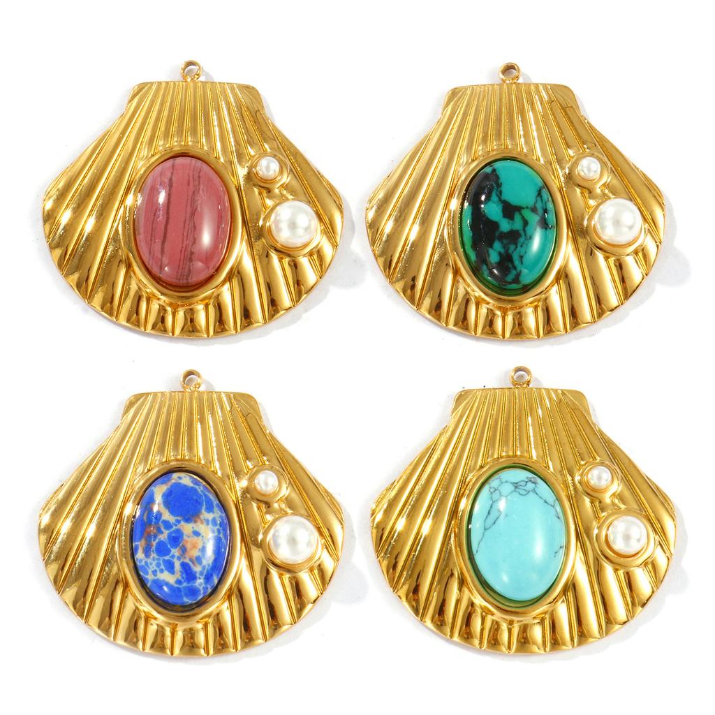 Doreen Box 1pc Gold Plated Shell With Synthetic Gemstone Charms Waterproof Stainless Steel Ocean Jewelry Pendants 3.2cm x 3.1cm