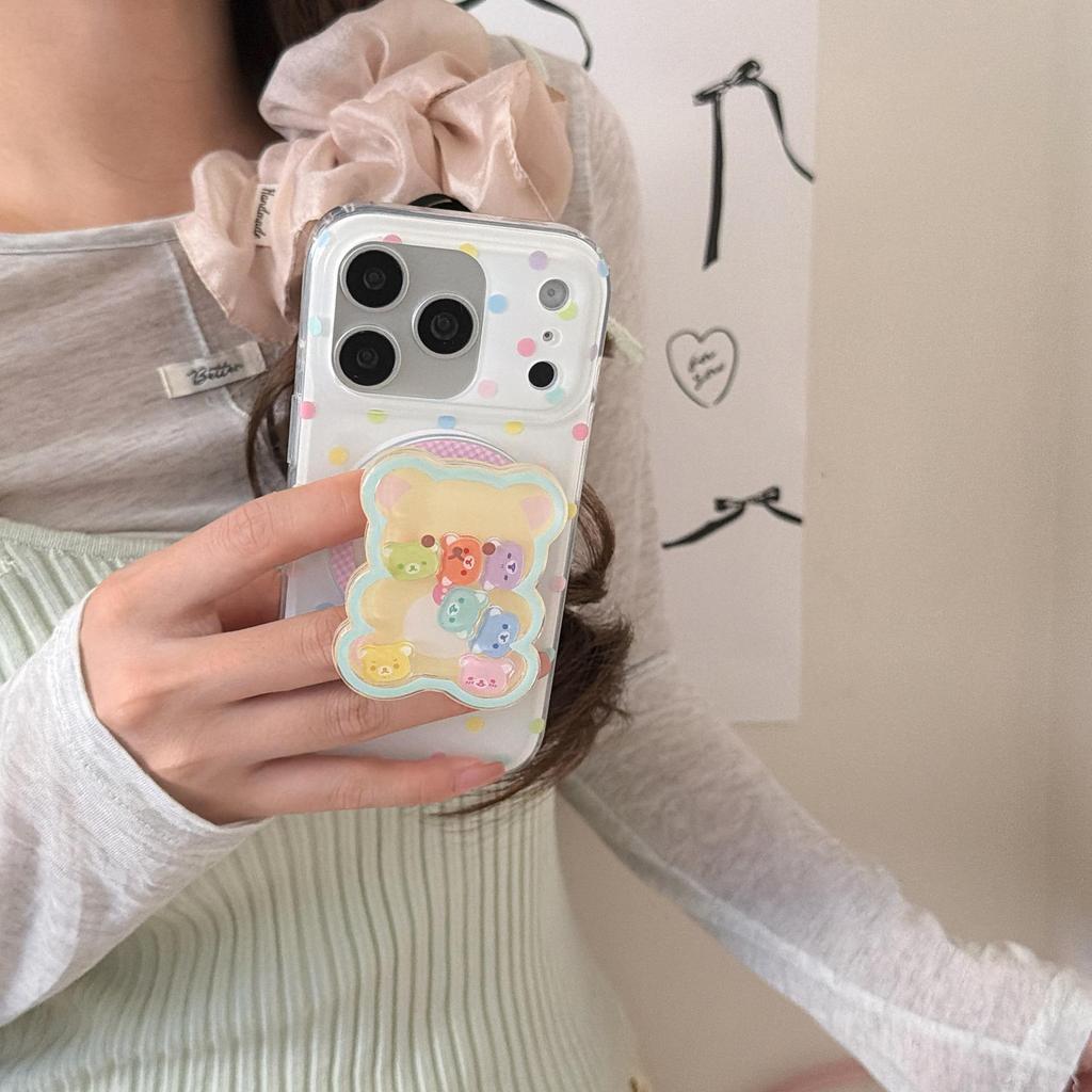 Цветной чехол-подставка с рисунком в горошек и мишкой для iPhone 15/14/16 17 Pro Max