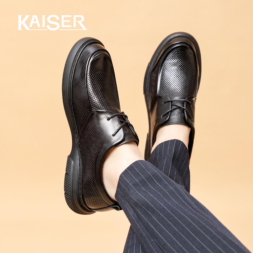 Caesar hollowed out breathable genuine leather casual leather shoes for men, 2026 new model, top layer cowhide all black business commuting shoes