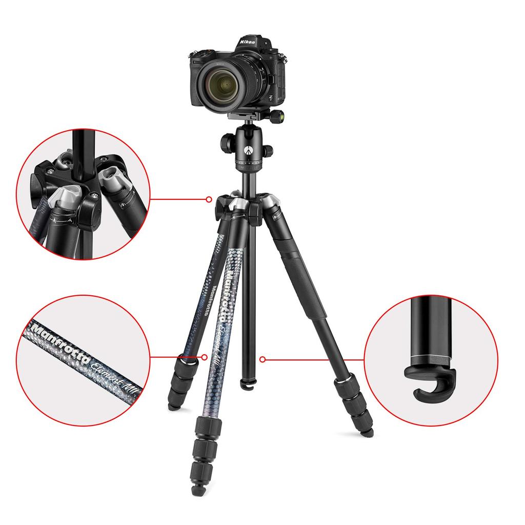 Manfrotto Element MII Aluminum 4 Twist Maximum 8kg Load Compatible with SLR Carry Bag Included Tripod, Sections, Black, 180° Folding, Lock, Capacity,