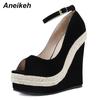 Aneikeh/летняя женская обувь, сандалии на платформе, сандалии-гладиаторы из флока, модные туфли на танкетке с пряжкой и ремешком, вечерние черные туфли на каблуке с круглым носком, размеры 35–42