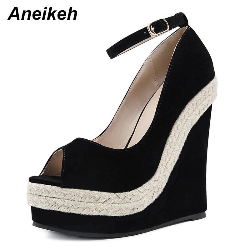 Aneikeh/летняя женская обувь, сандалии на платформе, сандалии-гладиаторы из флока, модные туфли на танкетке с пряжкой и ремешком, вечерние черные туфли на каблуке с круглым носком, размеры 35–42