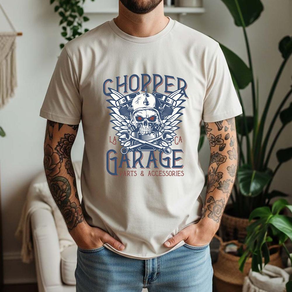 2026 New Summer Unisexs Casual Short Sleeve Cotton Tee Chopper Garage Skull Print Biker Daily Wear Streetwear