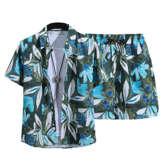 2 шт./комплект мужской пляжный наряд однобортная рубашка с лацканами и коротким рукавом эластичный шнурок на талии широкие шорты комплект