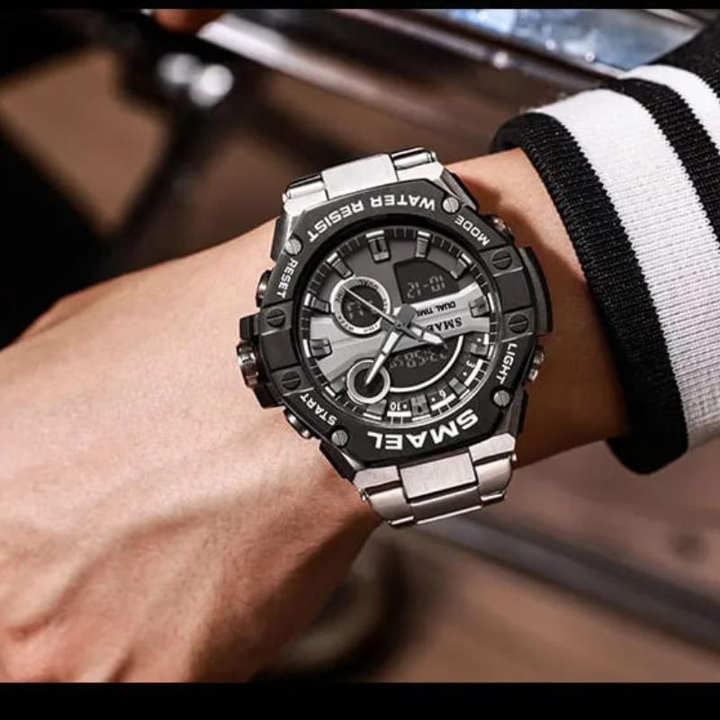 SMAEL Бренд 304 Ремешок из нержавеющей стали 8090 Кварцевые электронные часы будильники Многофункциональные модные спортивные часы с функцией двойного времени