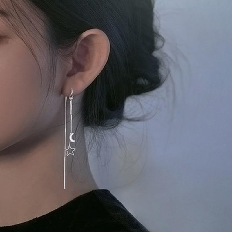 1 Pair of Thin And Long Ear Chain Earrings Female Style Tassel Hollow Star Moon Earth Line Trend