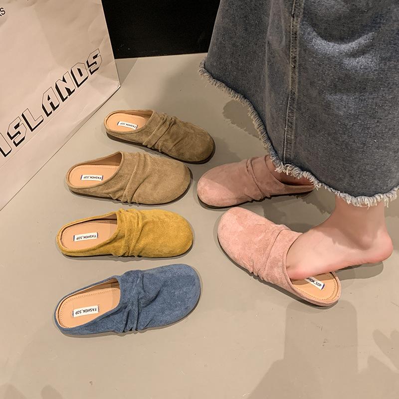 Ретро плиссированные полутапочки баотоу женская верхняя одежда 2025 новые ленивые туфли muller с одной педалью