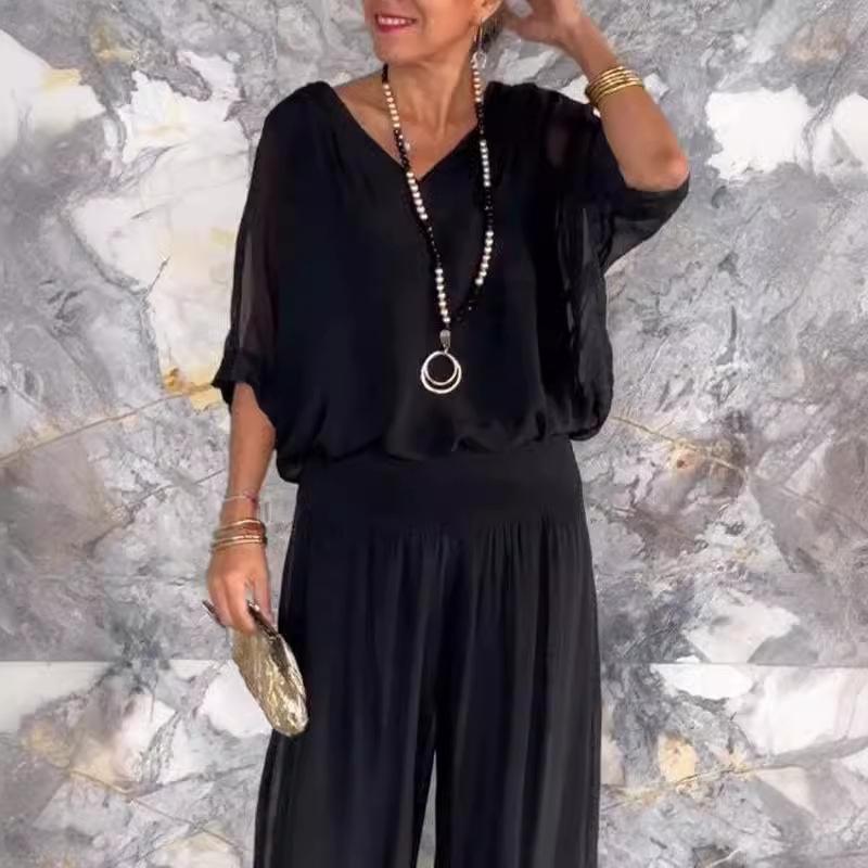 Женский сексуальный топ с V-образным вырезом, короткими рукавами и широкими брюками, летние повседневные наряды из шифона, повседневные свободные уличные комплекты из двух предметов