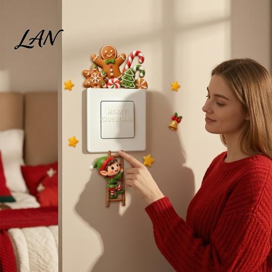 Holiday Theme Socket Protectors Christmas Elf And Gingerbread Man Switch Sticker, Decorative Wall Decal for Home Removable PVC Stickers Decor,