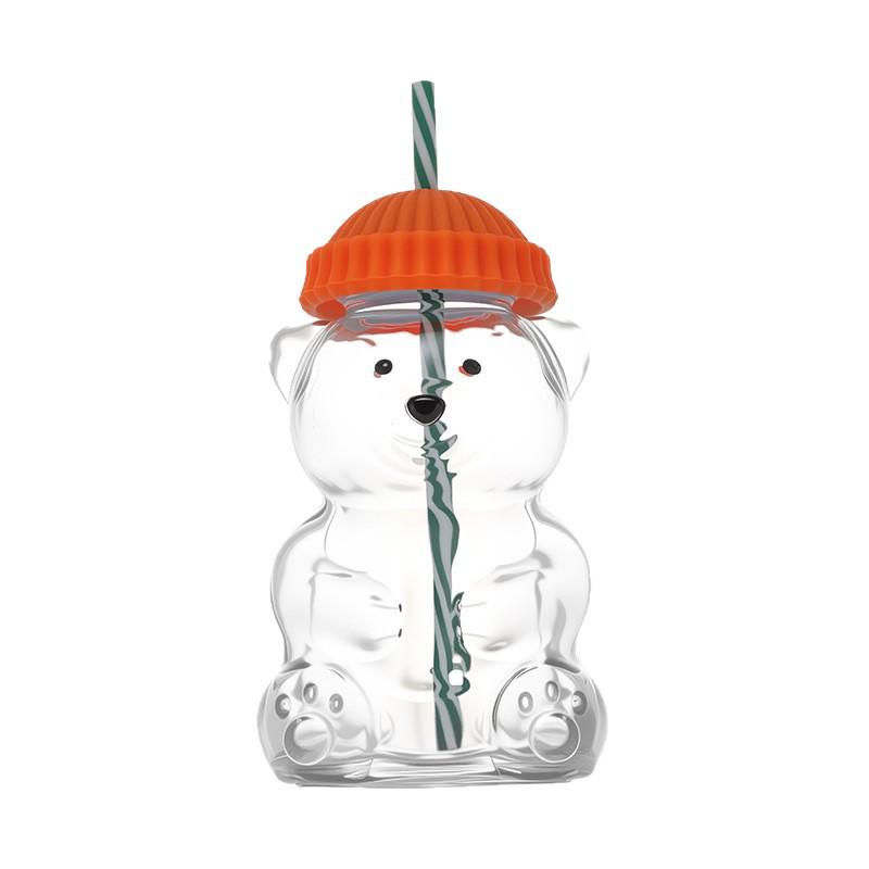 Cartoon Bear Glass Cup with Straw | Creative Teddy Bear Design