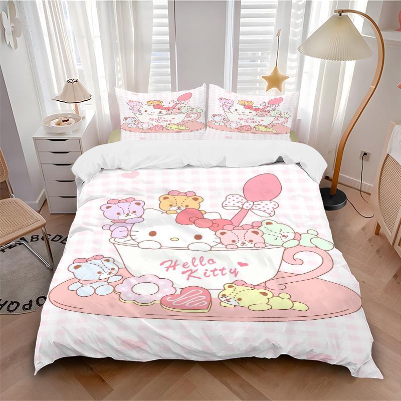 3pcs Sanrio Hello Kitty & Colorful Bear Bedding Set - 1 Soft Quilt Cover + 2 Pillowcases, Machine Washable - Suitable for All Seasons, Perfe