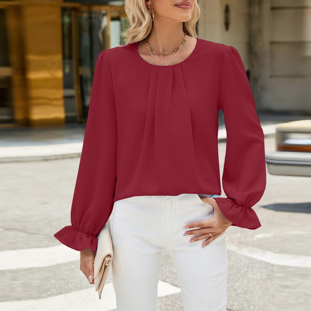 Women's Solid Color Round Neck Loose Long Sleeved Chiffon Top