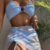 3Pcs/Set Women Bikini Set Halter Metal Ring Backless Padded Wire Free Solid Color Bathing Suit Water Activities Garment