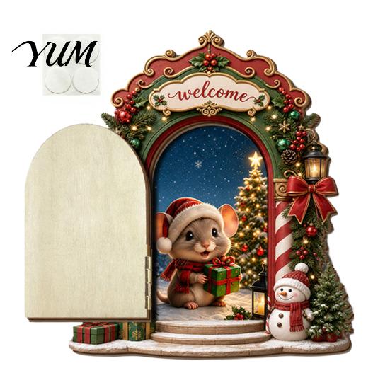 Eco Friendly Wooden Christmas Decor Elf Door Decoration, Miniature Fairy with Cute Mouse Interactive Holiday Wall & Openable Door, Corner for