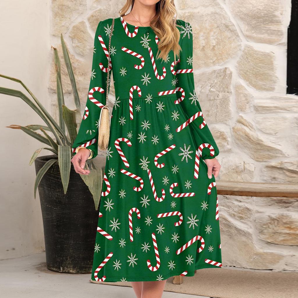 Women's Christmas Printed Fashionable Loose Round-neck Dress