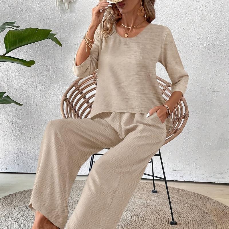 Элегантный отпускной однотонный топ с рукавом три четверти и комплект широких брюк