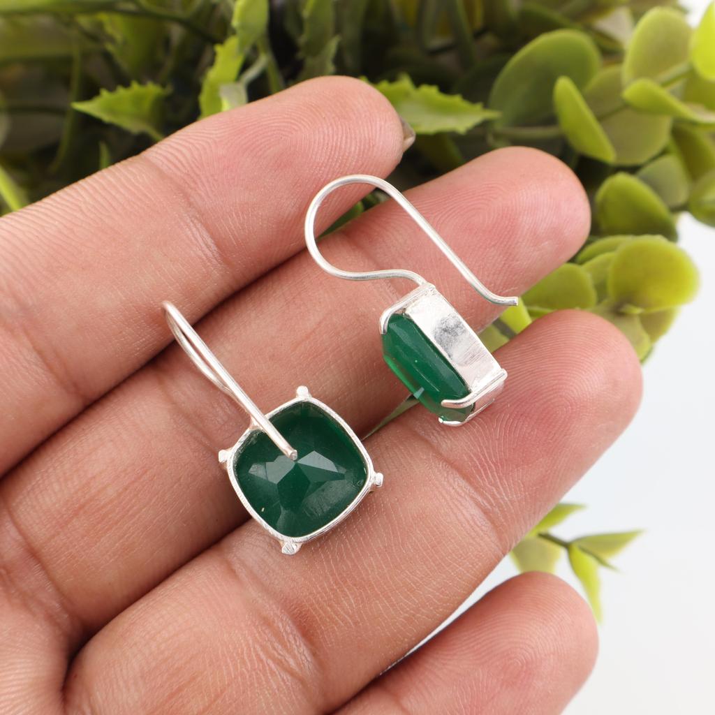 Green Onyx Gemstone Jewelry, Handmade Silver Earrings, 925 Sterling Silver Jewelry, Designer Onyx Earrings Gift For Grandma