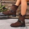 2025 Autumn/Winter Plus Size British Style Slip-On Chunky Heel Mid-Calf Boots for Women