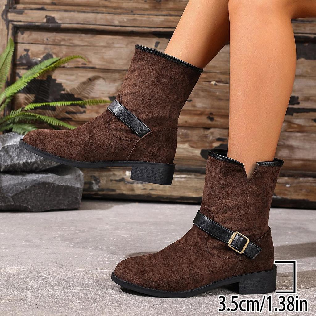 2025 Autumn/Winter Plus Size British Style Slip-On Chunky Heel Mid-Calf Boots for Women