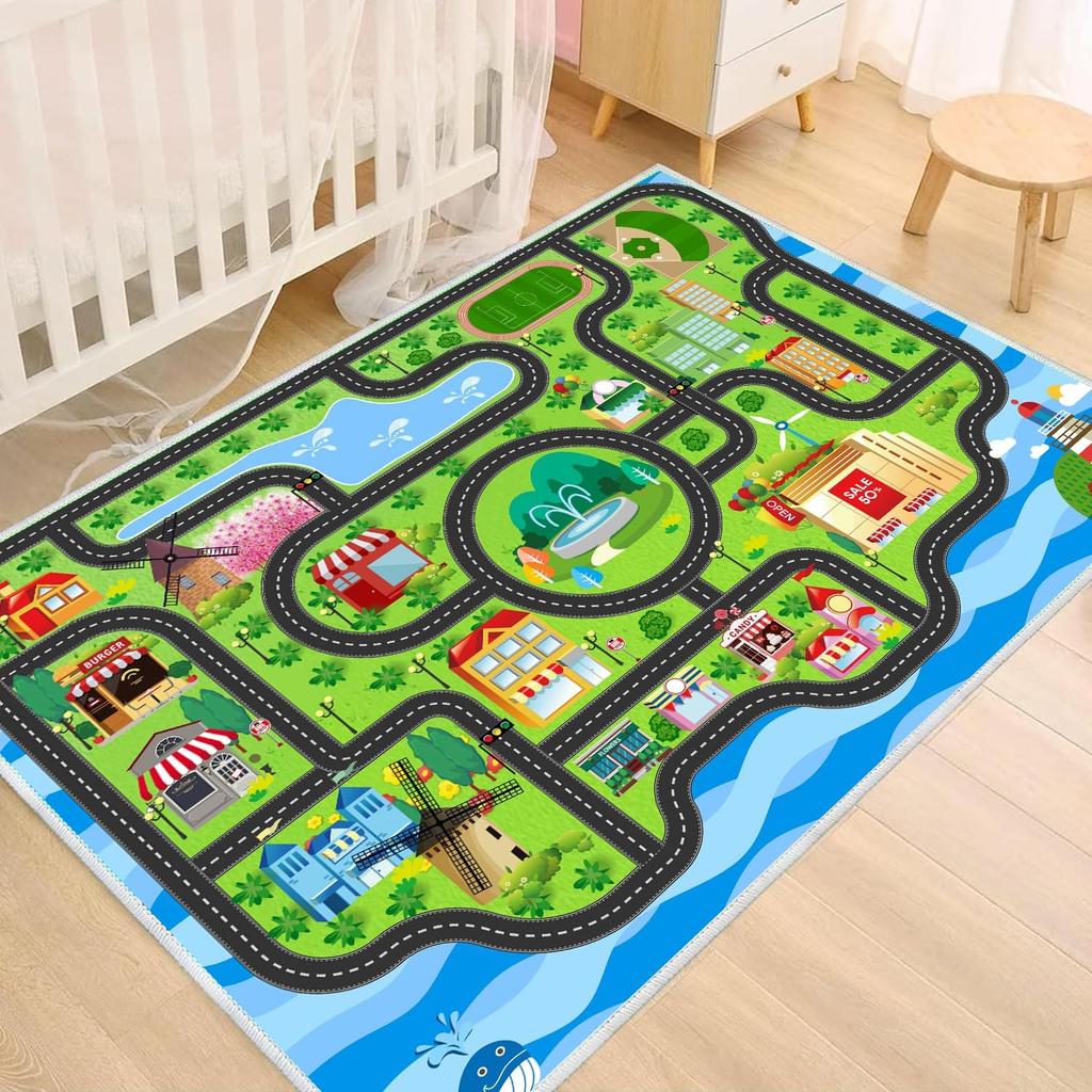 Interactive Educational Theme Children's Crawling Carpet Cartoon Road Network Rug City Map Absorbent Anti-Slip Mat for Living