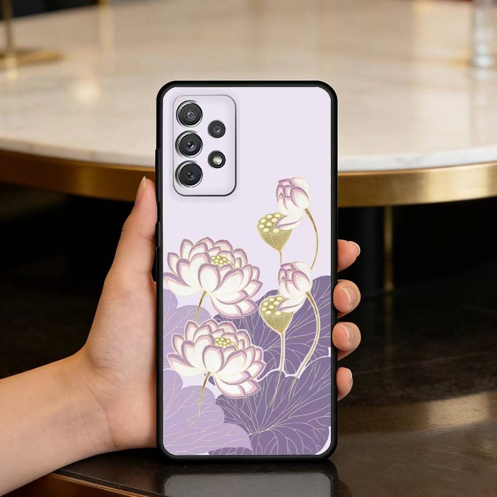 Emerald White Lotus Phone Case For Samsung Galaxy A73,A72,A71,A70,A53,A52,A51,Soft Silicone Black Cover