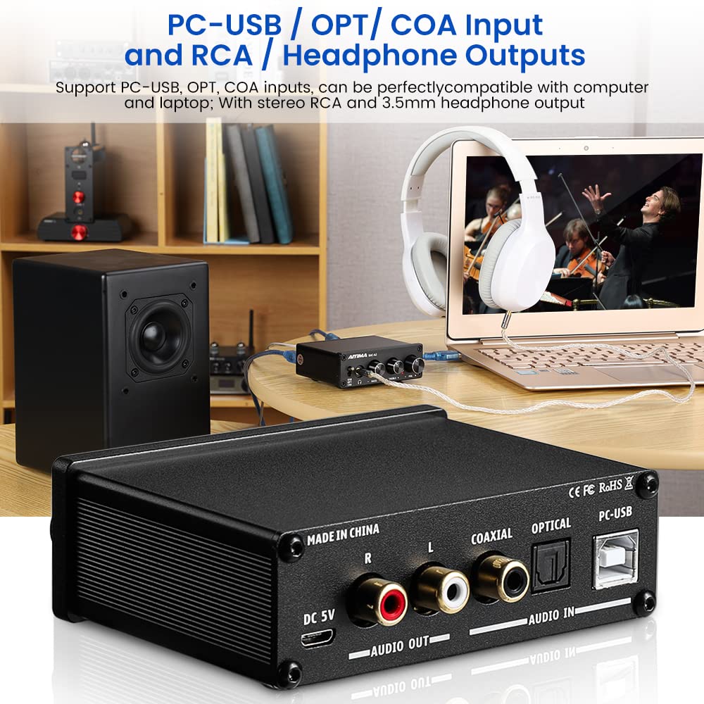 AIYIMA Headphone Amplifier Headphone Output Conversion Analog Desktop Audio Converter 5V 24Bit 192kHz DAC-A2 PC-USB/Optical/Coaxial Input, RCA/3.5mm