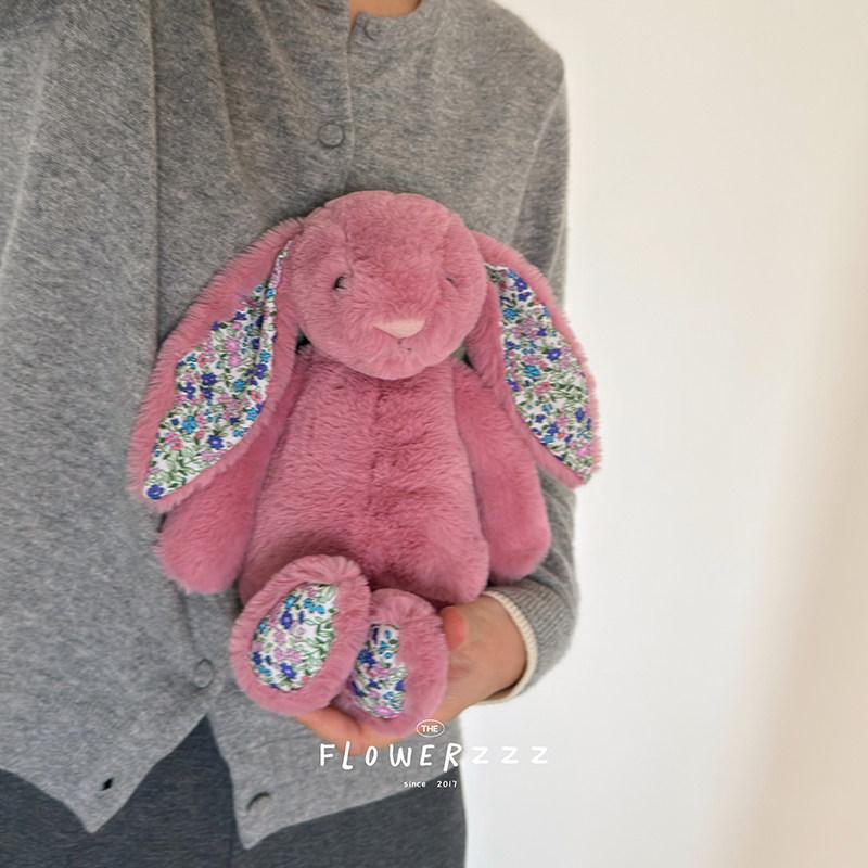 Cute Long Ear Bunny Plush Toy Floral Stuffed Rabbit Doll Comfortable Soft Cuddly Fluffy Bunny Plushie Birthday Gift Room Decor