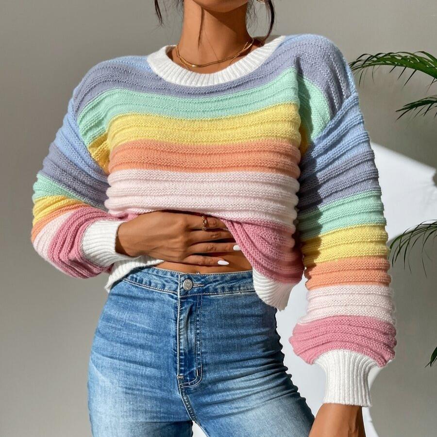 Autumn Winter Rainbow Stripes Knitted Sweaters Lantern Sleeve Loose Jumper Crop Tops Women Sweater Pullover Ladies Casual Shirts
