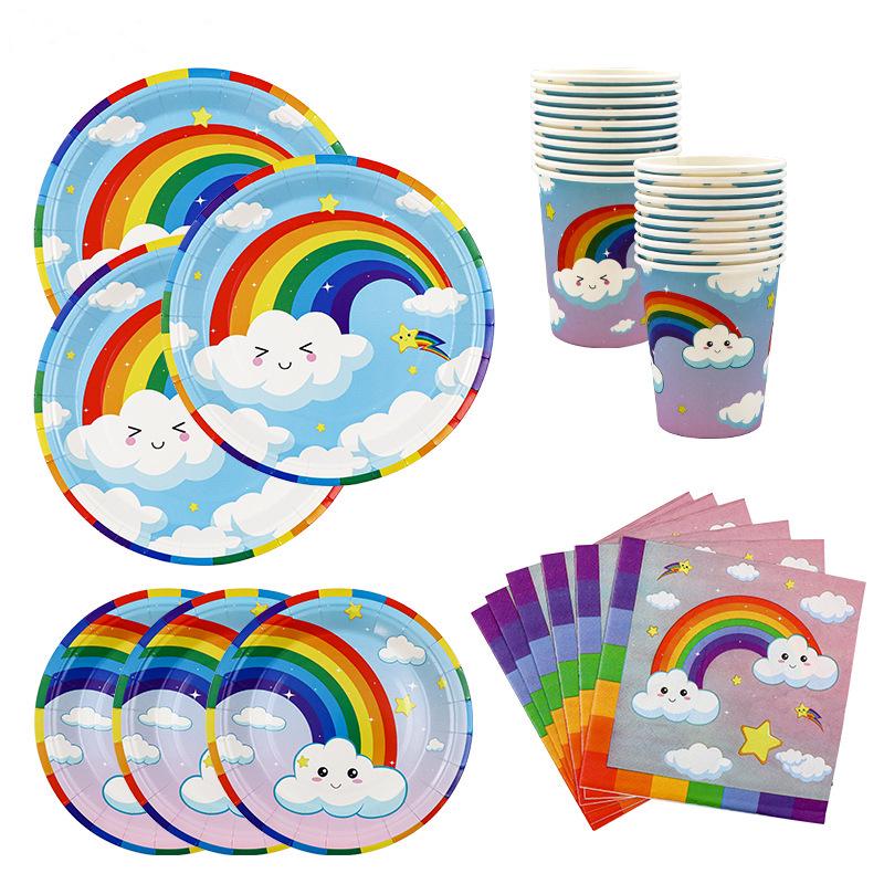 White Cloud Rainbow Disposable Party Set: Plates, Cups & Napkins for Kids' Birthdays