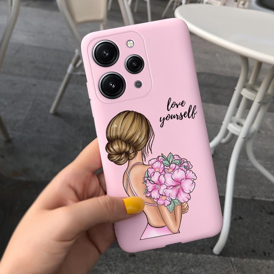 For Redmi 12 4G Phone Case Back Cover For Xiaomi Redmi12 Soft Silicone Ultra Slim Bumper Shell With Flower Cute Girl Print Coque