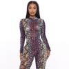 Женский сексуальный сетчатый комбинезон со змеиным принтом и длинными рукавами, прозрачный комбинезон