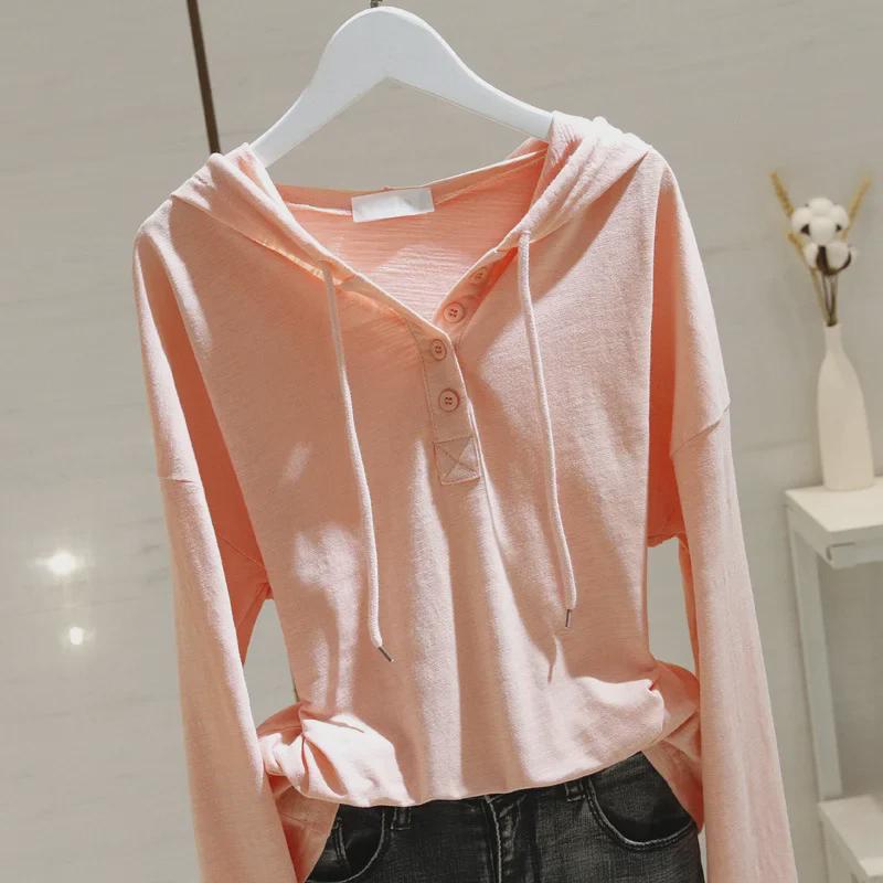 Women's Korean-Style White Hooded Long-Sleeve T-Shirt - 2025 Spring/Autumn Loose-Fit Top