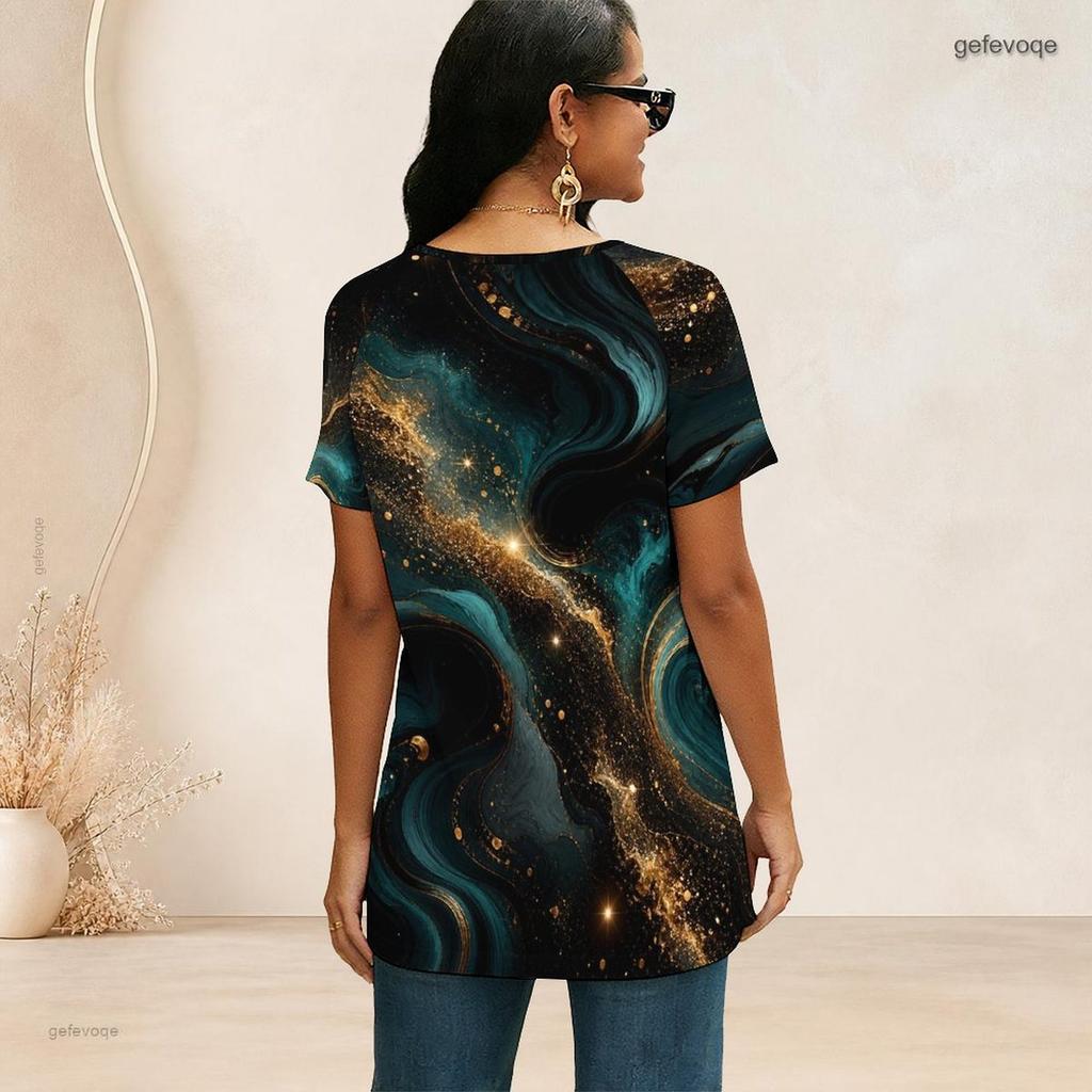 Women Colorful Abstract Smoke Print V Neck Zipper Short Sleeve Tunic Shirt Loose Irregular Hem Casual Summer Daily Top