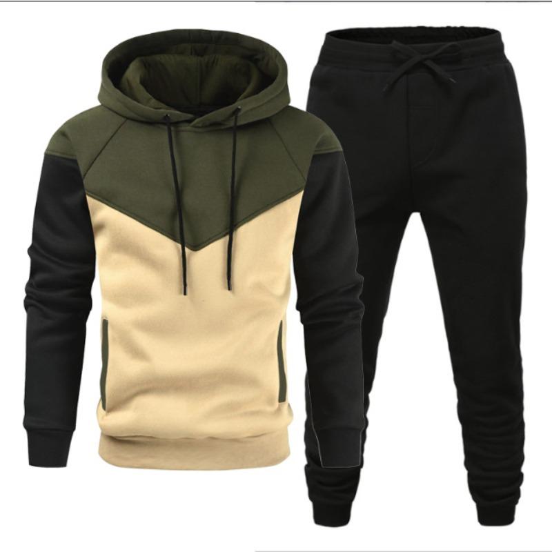 Men's Hoodie Youth Fashion Sweatsuit Leisure Sports Splicing Contrasting Color Sport Wear Set