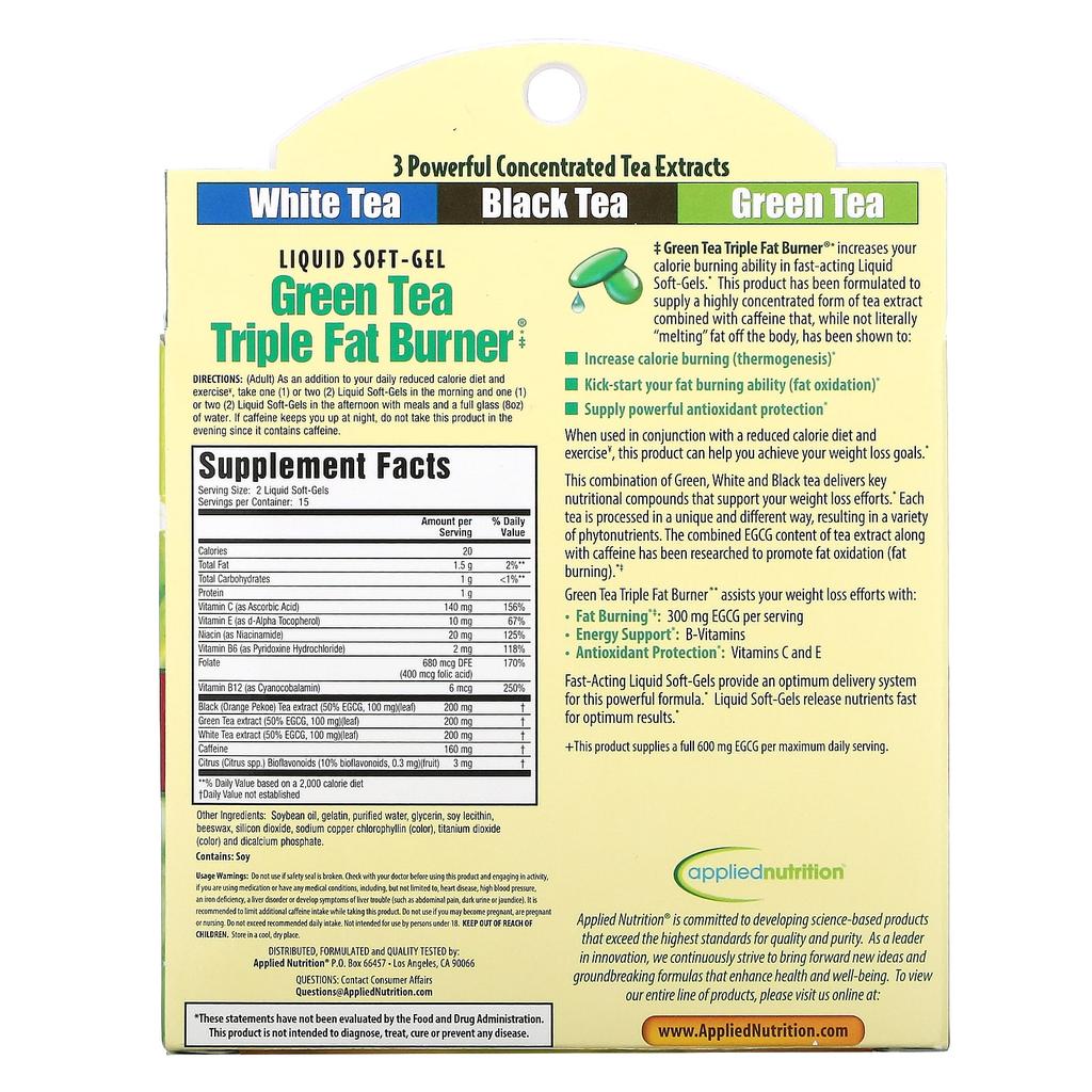 Applied Nutrition Зеленый чай, тройной сжигатель жира, 30 жидких мягких капсул
