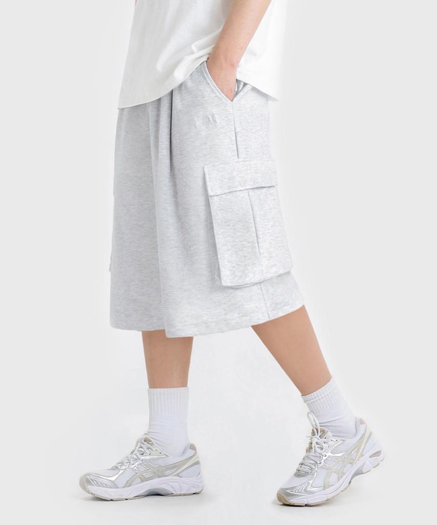 LEMAIN SECOND Bermuda Wide One-Pleat Cargo Sweat Shorts [White Melange]