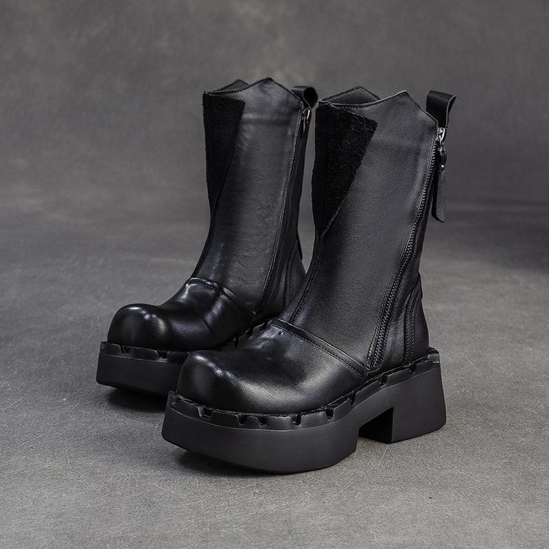 Johnature Genuine Leather Mid-calf Boots Retro Commuter Side Zipper Thick Heel Thick Bottom Women's Boots