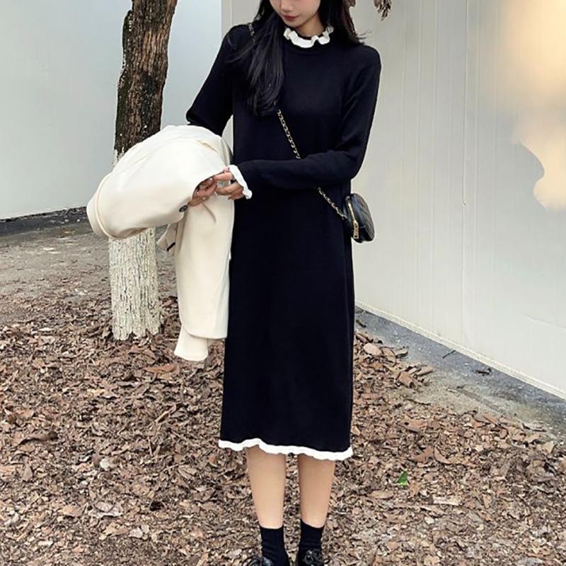 Осень и зима с пальто средней и длинной юбкой Весна и осень Новое трикотажное платье длиной до колена