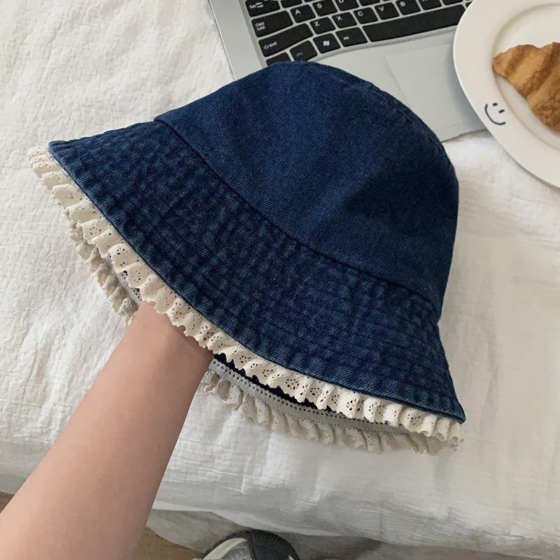 Милая панама с кружевным краем, джинсовая шляпа от солнца, шляпа-ведро, модная, солнцезащитная, для колледжа, ветрозащитная, показывающая лицо, маленькая панама-ведро, женская