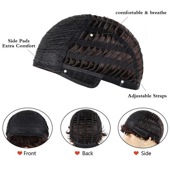 Men Short Curly Wig with Bangs Fluffy Natural Looking High Temperature Fiber Male Wavy Black Brown Synthetic Hair