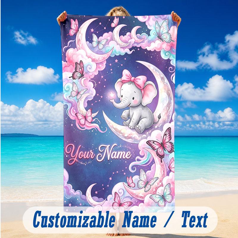 Elephant Theme Beach Towel Personalized Custom Name & Text Soft Quick Dry Beach Towel for Swimming Travel