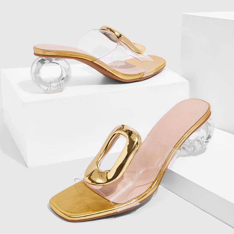 Мода Liyke Мода Ажурные Металлические Дизайнерские Шлепанцы Женские Прозрачные Тапочки Квадратный Носок Странный Прозрачный Высокий Каблук Мюли Обувь Сандалии