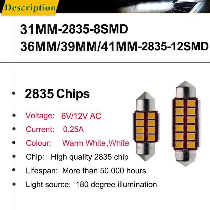 2x Car LED CANBUS Bulb Warm White Festoon 31mm 36mm 39mm 41mm 42mm C5W C10w Reading Lamp Auto Interior Dome Map Light 6V 12V AC