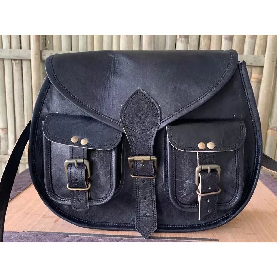 Real Vintage Saddle Bag Goat Leather Black Messenger Shoulder Handmade Vintage Leather Black Bag.