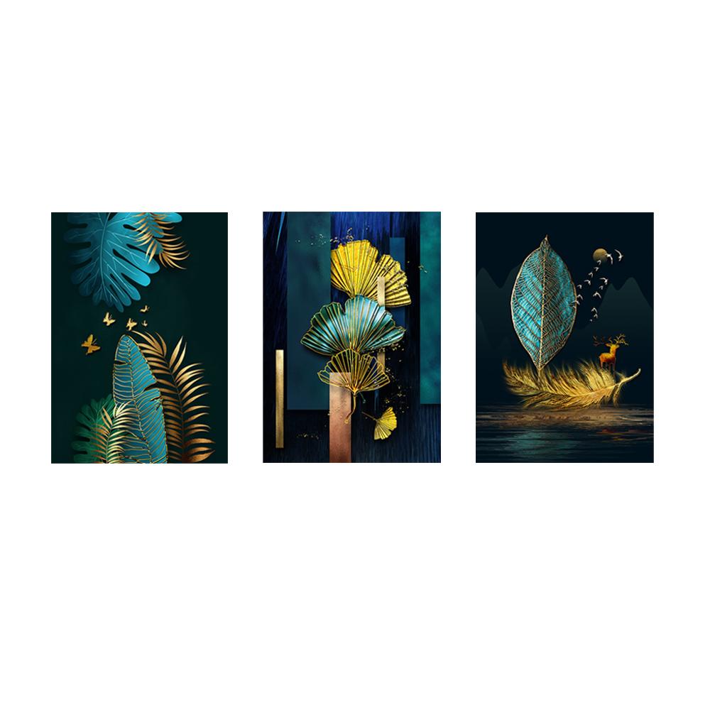 Современный Роскошный Зеленый и Золотой Стиль Печать на Холсте Плакат Настенные Панно Домашняя Живопись Декор Спальня Гостиная Отель Ресторан 3 Шт.