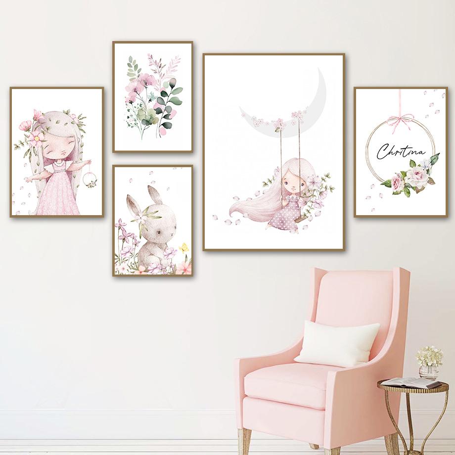 Розовый кролик для девочек, имя цветка на заказ, настенное искусство для детской комнаты, печать на холсте, картина с кроликом, постер, мультяшная картина для декора детской комнаты