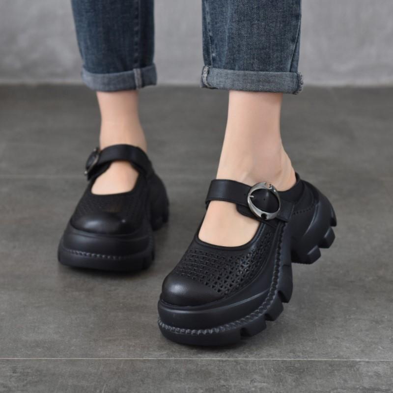 Johnature Легкие тапочки из натуральной кожи с толстой подошвой и круглым носком, дышащие женские туфли с отверстиями