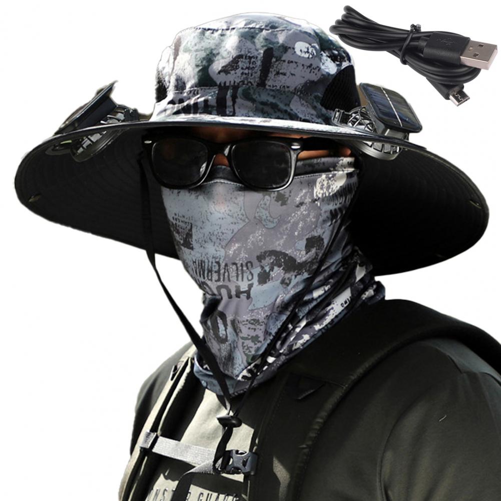 Мужская шляпа рыбака с вентилятором на солнечной батарее, большими полями, полой сеткой, зарядкой через USB, защитой от ультрафиолета, быстросохнущая, отличной воздухопроницаемостью