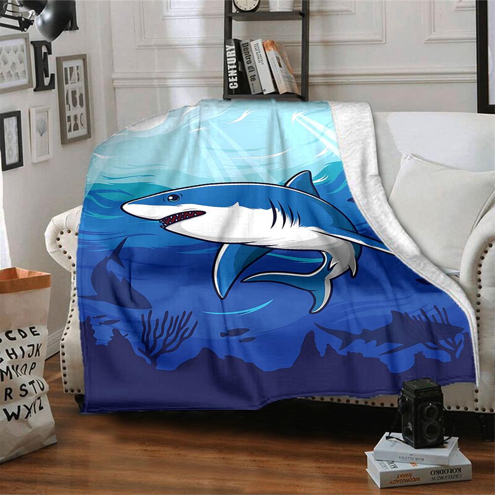 1pc Ocean Dive Shark Blanket, Lightweight Flannel Throw Blanket For Sofa, Bed, Travel, Camping, Living Room, Office, Couch, Chair, And Bed