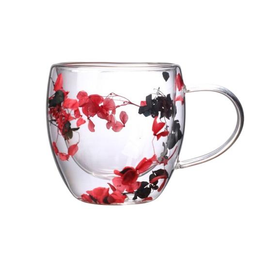 Кружка стеклянная с двойными стенками, с цветочным декором, 250 мл/350 мл, прозрачная, эстетичная, чашка для напитков с изолированной ручкой, украшенная настоящими цветами, двойная